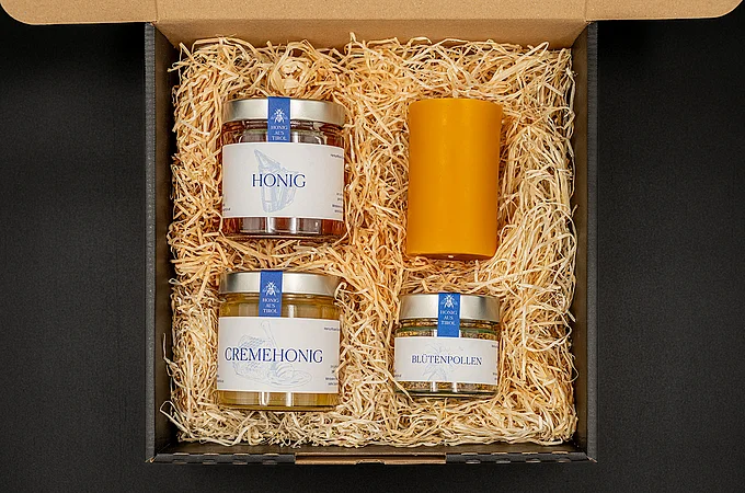 Honig 500g | Cremehonig 500g | Blütenpollen 100g | Bienenwachskerze